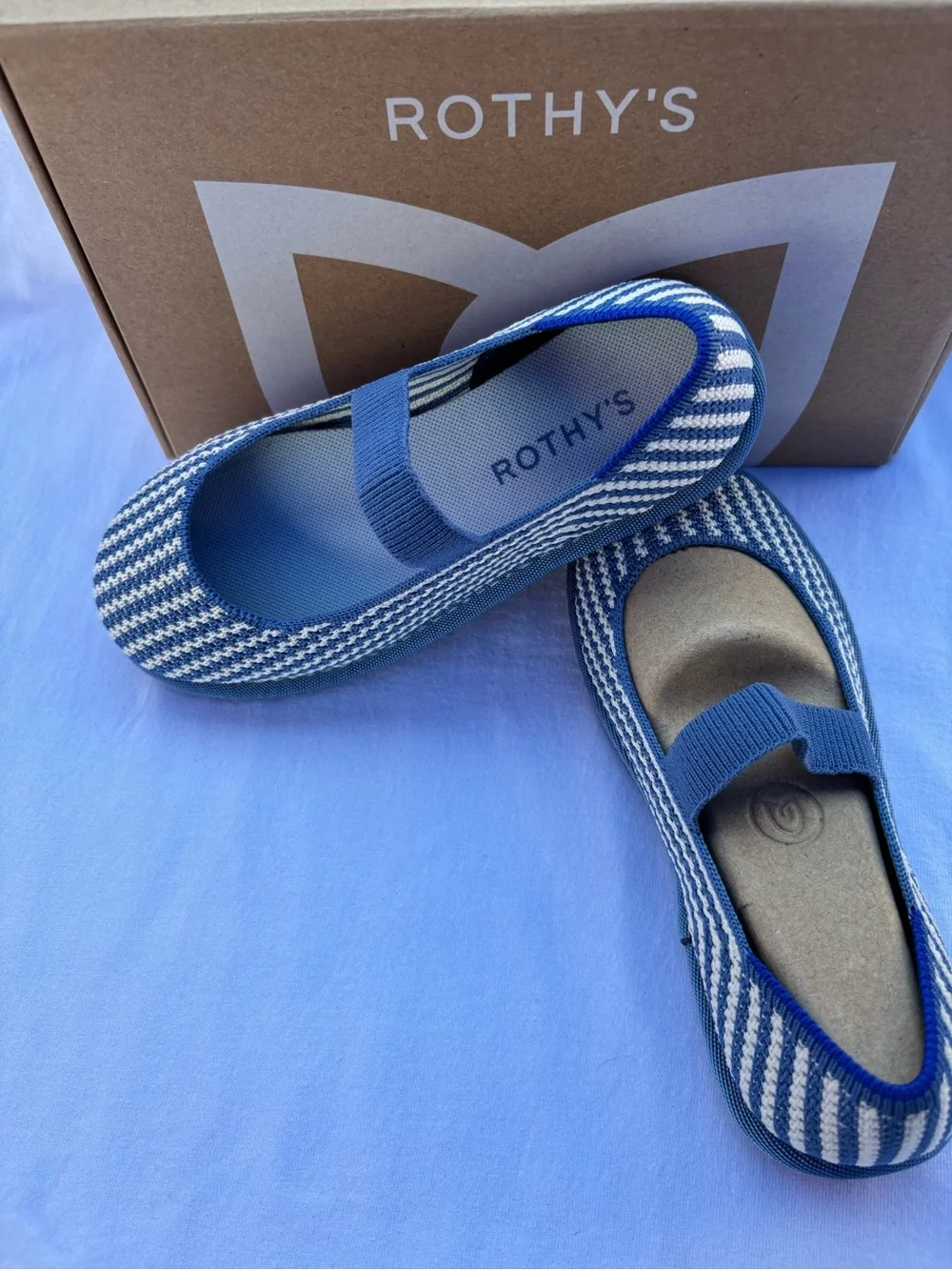 Rothy's Kids Blue and White Knit Mary Jane Flats